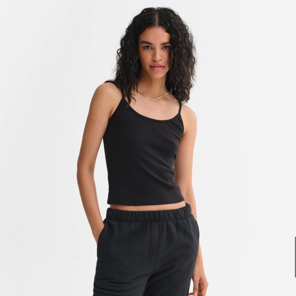 NWT Mate The Label tencel rib spaghetti tank jet black, size large, sold out